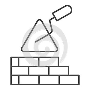 Brickwork and trowel thin line icon. Spatula tool and building brick wall symbol, outline style pictogram on white