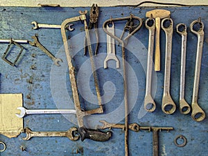 Bricolage tools showcase on a wall