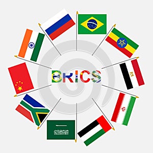 brics alphabet and flag country isolated on gray background for icon logo web. vector illustration