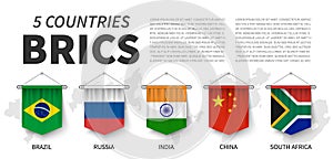 BRICS . Association of 5 countries . 3D realistic pennant hanging design . White isolated background and country map . Vector