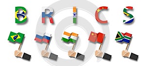 BRICS . association of 5 countries brazil . russia . india . china . south africa . Businessman hand hold and wave flag pole