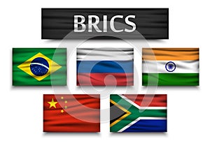 BRICS . association of 5 countries brazil . russia . india . china . south africa . Realistic flags with isolated background