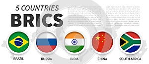 BRICS . Association of 5 countries . Simple circle flag with frame . White isolated background and country map . Vector