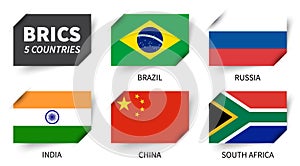 BRICS . Association of 5 countries . Inserted paper flag design . Vector