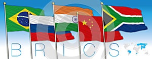 BRICS coutries flags and map, vector illustration