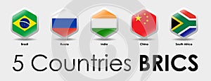 BRICS flags of 5 countries. Simple Hexagon shaped design.