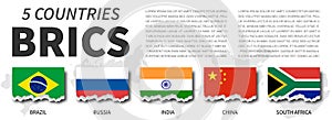 BRICS and membership . Association of 5 countries . Torn flag design . Vector