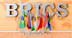 BRICS summit, flags of all members BRICS in room. 3D rendering