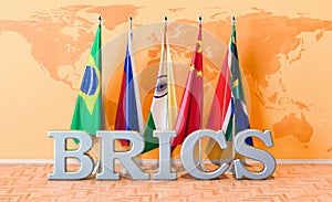 BRICS summit meeting concept, flags of all members BRICS in room. 3D rendering