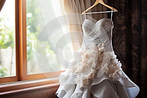 Bridal anticipation Wedding dress adorns a curtain rail, awaiting celebration