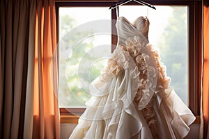 Bridal anticipation Wedding dress adorns a curtain rail, awaiting celebration