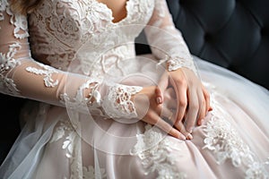 Bridal anticipation Wedding dress adorns a curtain rail, awaiting celebration