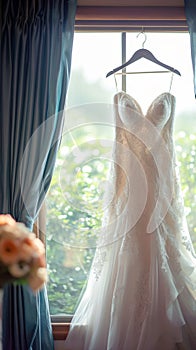 Bridal anticipation Wedding dress adorns a curtain rail, awaiting celebration