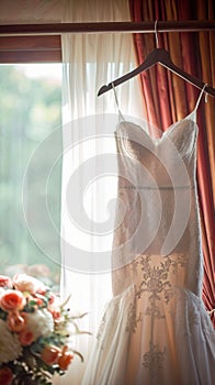 Bridal anticipation Wedding dress adorns a curtain rail, awaiting celebration