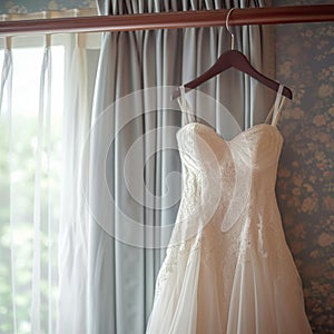 Bridal anticipation Wedding dress adorns a curtain rail, awaiting celebration