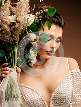 Bridal beauty portrait in studio closeup. Wedding inspiration.