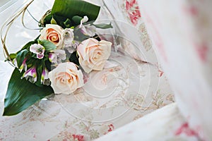 Bridal Bouquet with Beige Roses and Purple Orchids