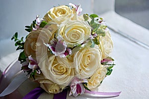Bridal bouquet. The bride`s bouquet of white, blue, pink flowers