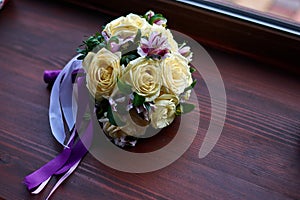 Bridal bouquet. The bride`s bouquet of white, blue, pink flowers