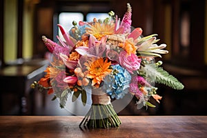 bridal bouquet with exotic flowers on wood table