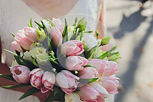 Bridal bouquet with pink tulips in the hands of the bride.