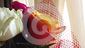 Bridal Bouquet of Roses, close up of orange rose.