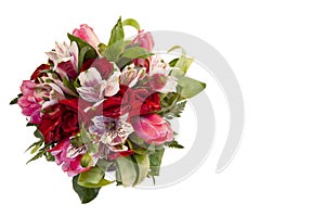 Bridal bouquet of roses, tulips and alstroemeria on white background