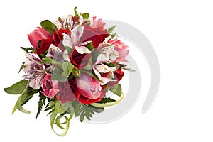 Bridal bouquet of roses, tulips and alstroemeria on white background