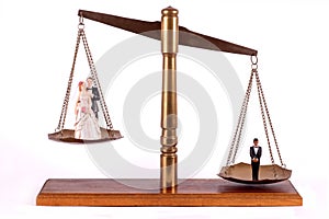 Bridal couple and bachelor on brass scale