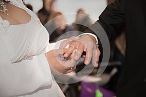 A bridal couple exchanges the wedding rings with each other