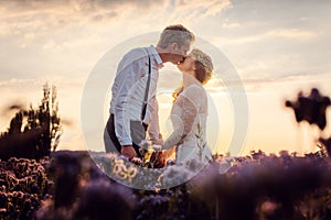 Bridal couple after the wedding kissing during sunset on a meadow