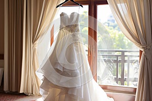 Bridal elegance Wedding dress hangs on a curtain rail near window