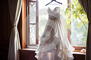 Bridal elegance Wedding dress hangs on a curtain rail near window