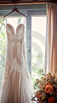 Bridal elegance Wedding dress hangs on a curtain rail near window