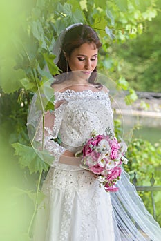 Bridal portrait in green foliage