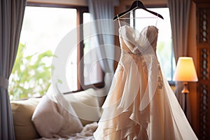 Bridal room ambiance Wedding dress hung elegantly on a curtain rail