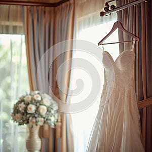 Bridal room ambiance Wedding dress hung elegantly on a curtain rail