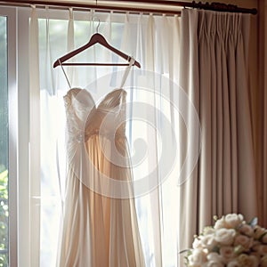 Bridal room ambiance Wedding dress hung elegantly on a curtain rail