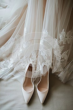 Bridal shoes with wedding dress., AI Generated