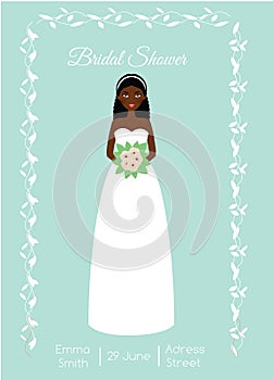 Bridal shower card with smiling happy bride. African american woman in fashion wedding dress. Vector illustration, invitation temp