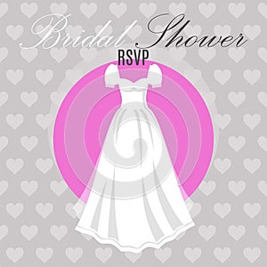 Bridal shower dress vector illustration on hearts background. Bridal shower or wedding invitation template. Wedding