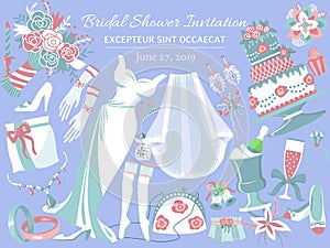 Bridal shower invitation banner vector illustration. Wedding accessories such as flower bouquet, dress, glasses with