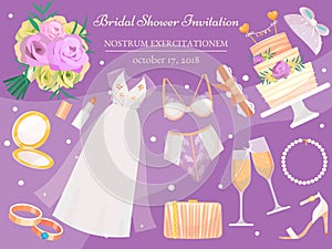 Bridal shower invitation banner vector illustration. Wedding accessories such as flower bouquet, dress, glasses with