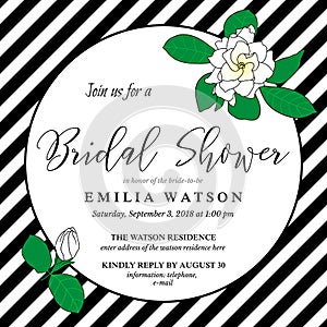 Bridal shower invitation card template with hand drawn gardenia flowers