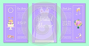 Bridal shower invitation set of banners vector illustration. Save the date. Wedding accessories such as flower bouquet