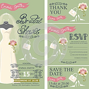 Bridal shower invitation set.Bridal dress,bouquet