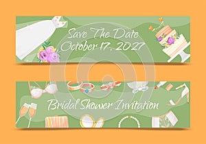 Bridal shower invitations set of banners vector illustration. Save the date. Wedding accessories such as flower bouquet