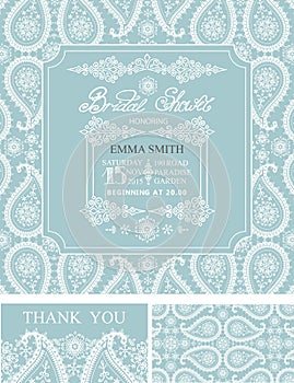 Bridal shower invitations.Winter wedding ornament,lace