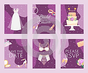 Bridal shower set of banners, cards vector illustration. Save the date. Lingerie shower. Wedding accessories such as