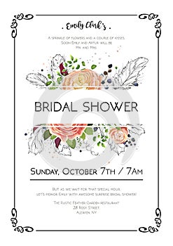 Bridal shower vector boho art wedding watercolor Invitation card